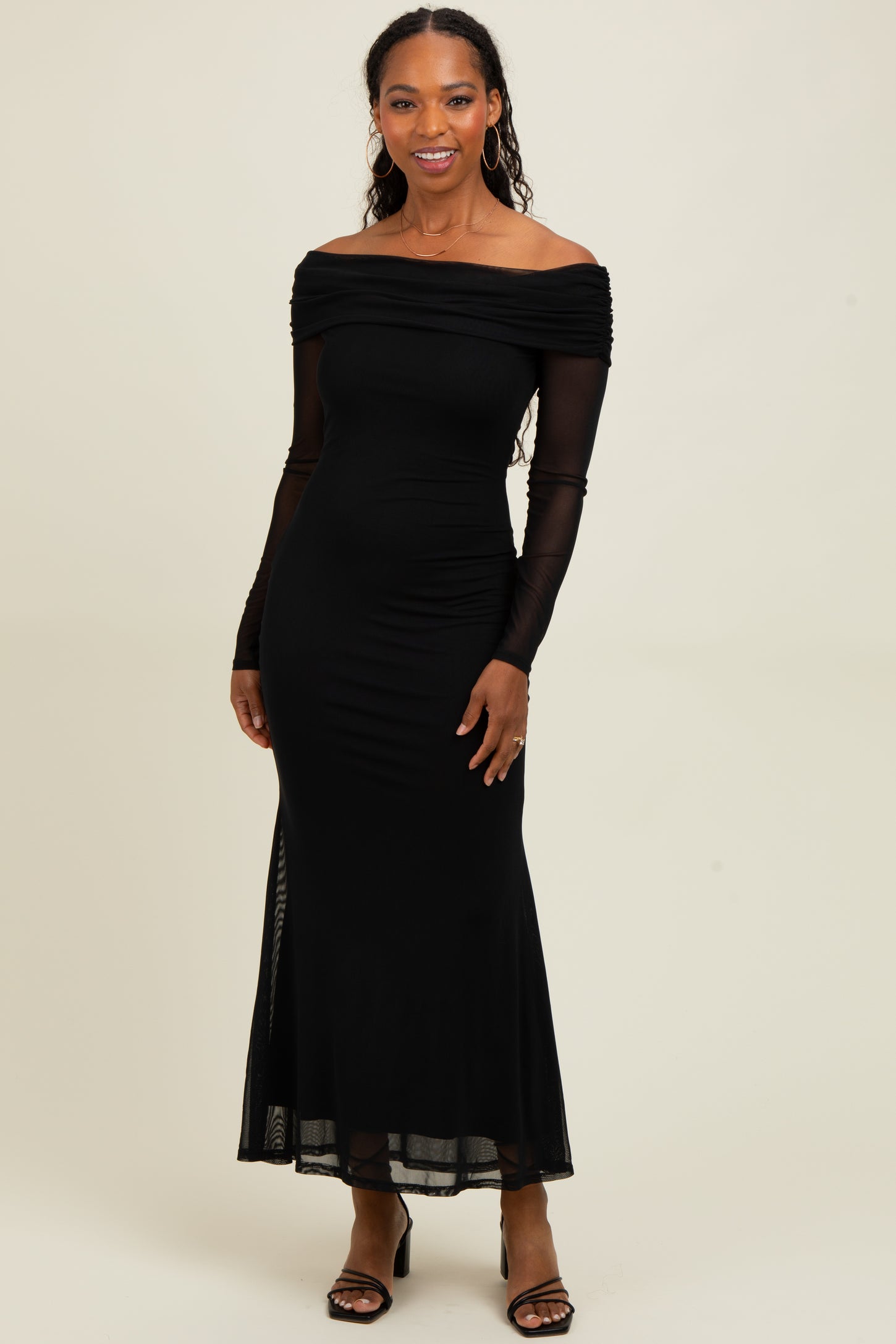 Black Mesh Overlay Off Shoulder Long Sleeve Midi Dress Black Mesh Overlay Off Shoulder Long Sleeve Midi Dress