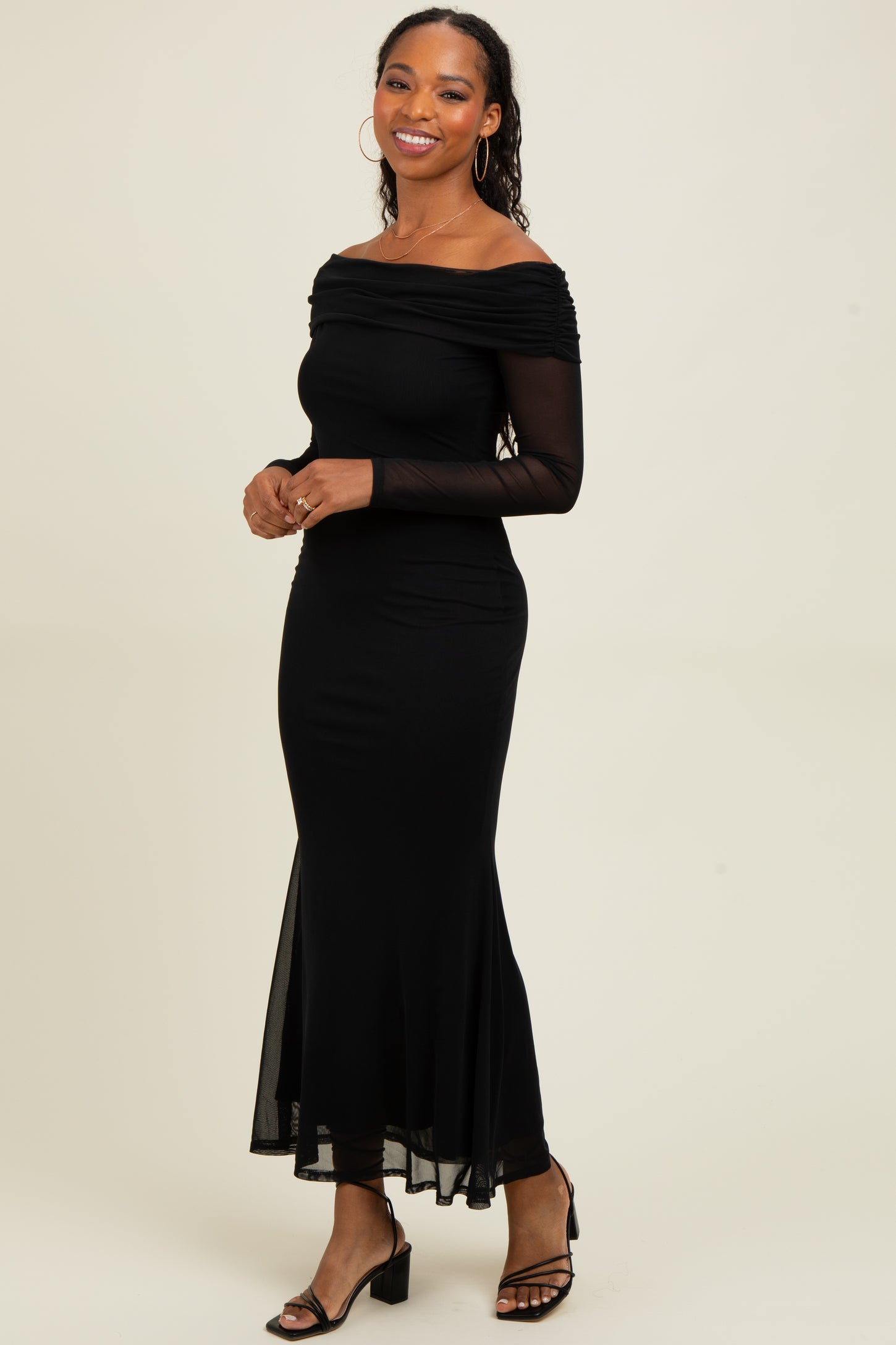 Black Mesh Overlay Off Shoulder Long Sleeve Midi Dress