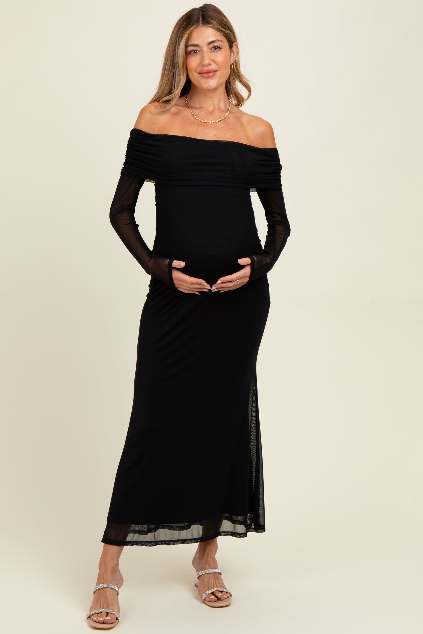 Black Mesh Overlay Off Shoulder Long Sleeve Maternity Midi Dress