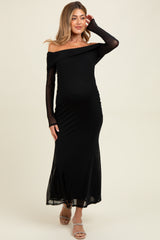 Black Mesh Overlay Off Shoulder Long Sleeve Maternity Midi Dress