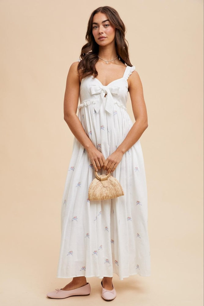 White Embroidered Front Bow Tie Maxi Dress