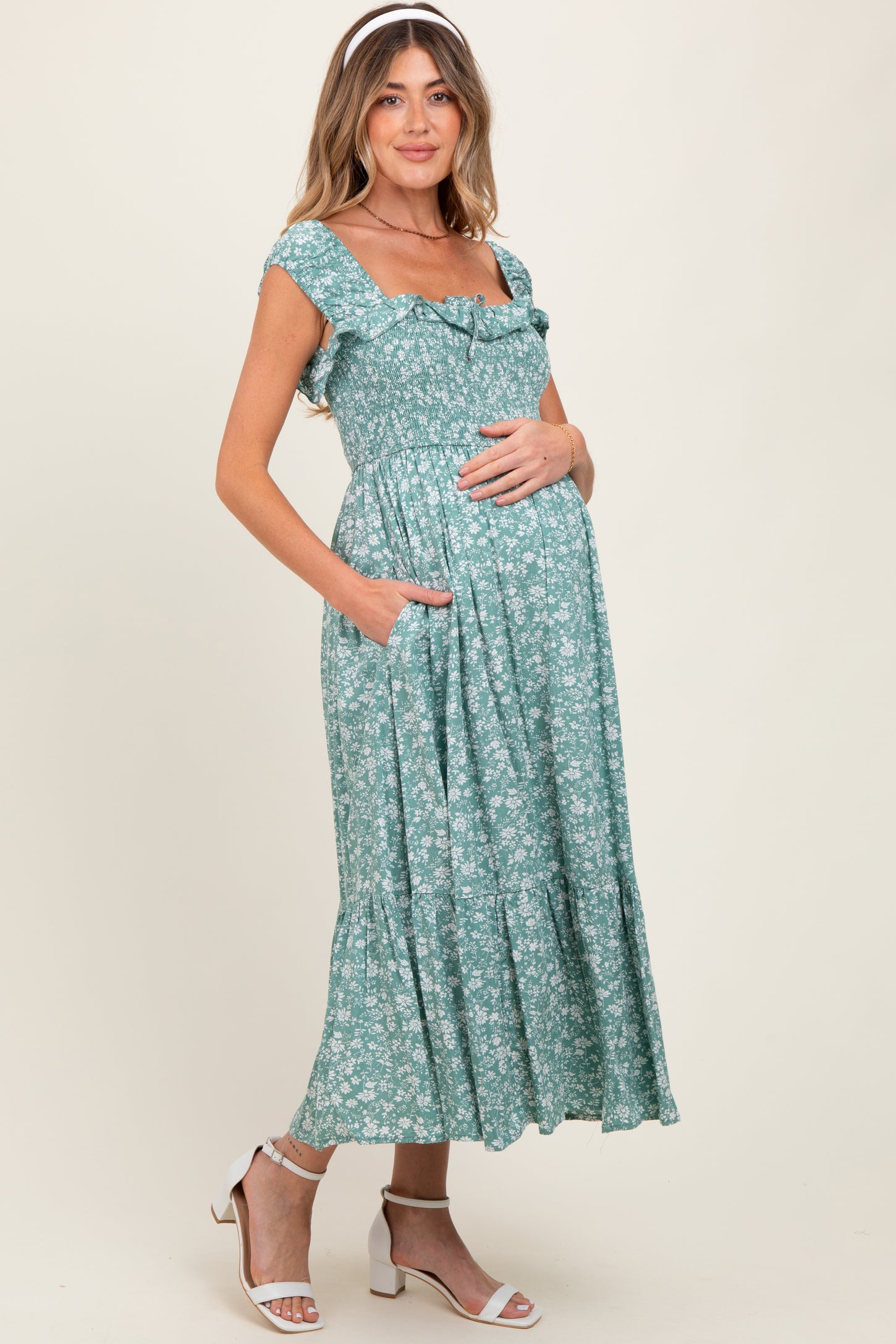Light Olive Floral Smocked Ruffle Detail Maternity Midi Dress
