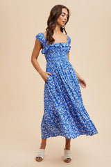 Royal Blue Floral Smocked Ruffle Detail Midi Dress
