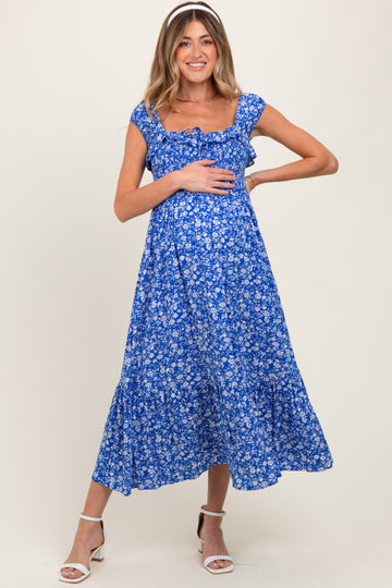 Royal Blue Floral Smocked Ruffle Detail Maternity Midi Dress