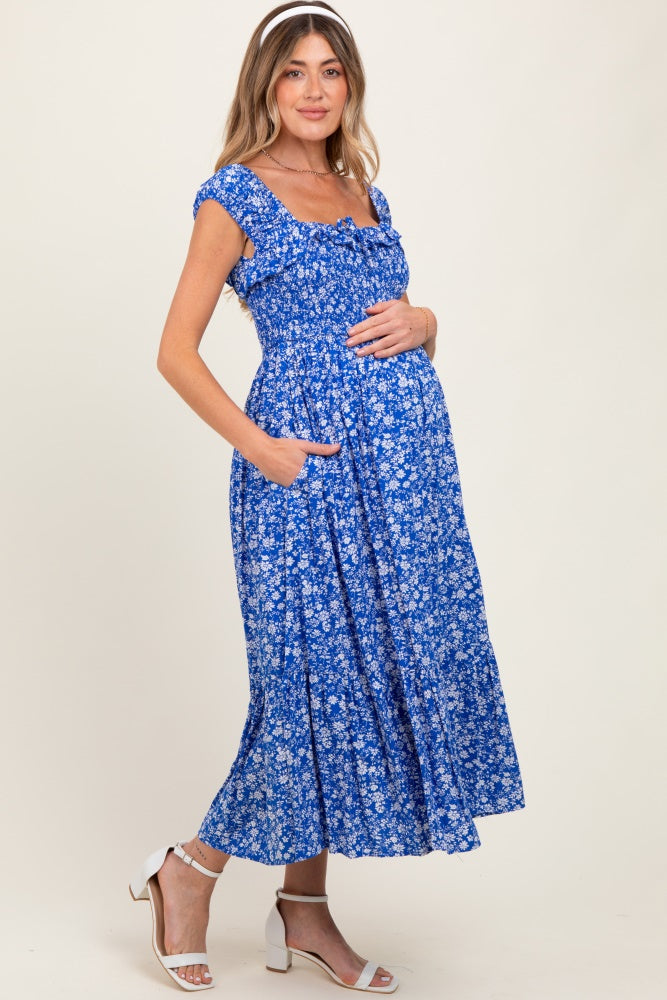 Royal Blue Floral Smocked Ruffle Detail Maternity Midi Dress