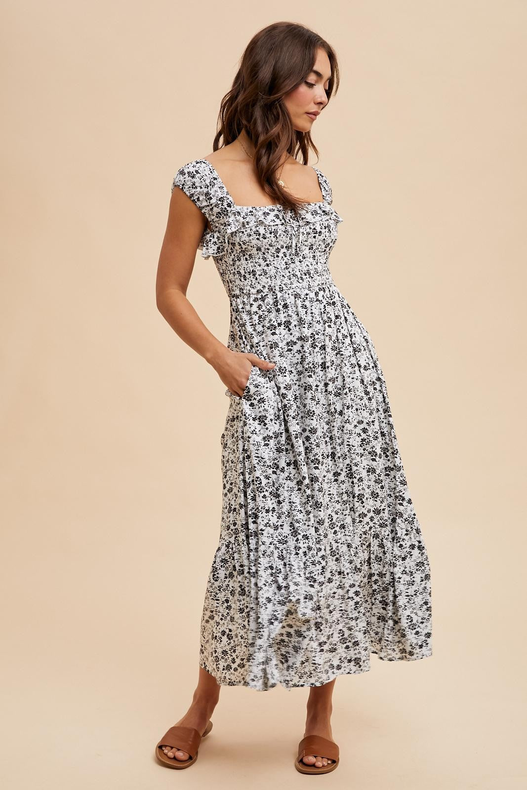 White Floral Smocked Ruffle Detail Midi Dress