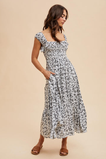 White Floral Smocked Ruffle Detail Midi Dress