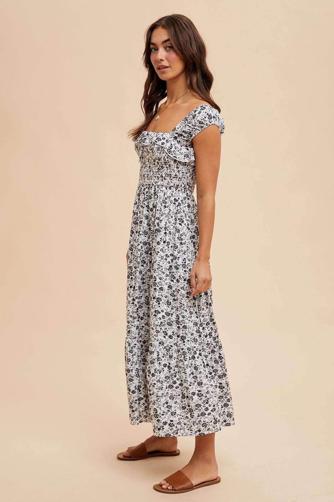 White Floral Smocked Ruffle Detail Midi Dress