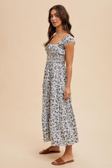 White Floral Smocked Ruffle Detail Midi Dress