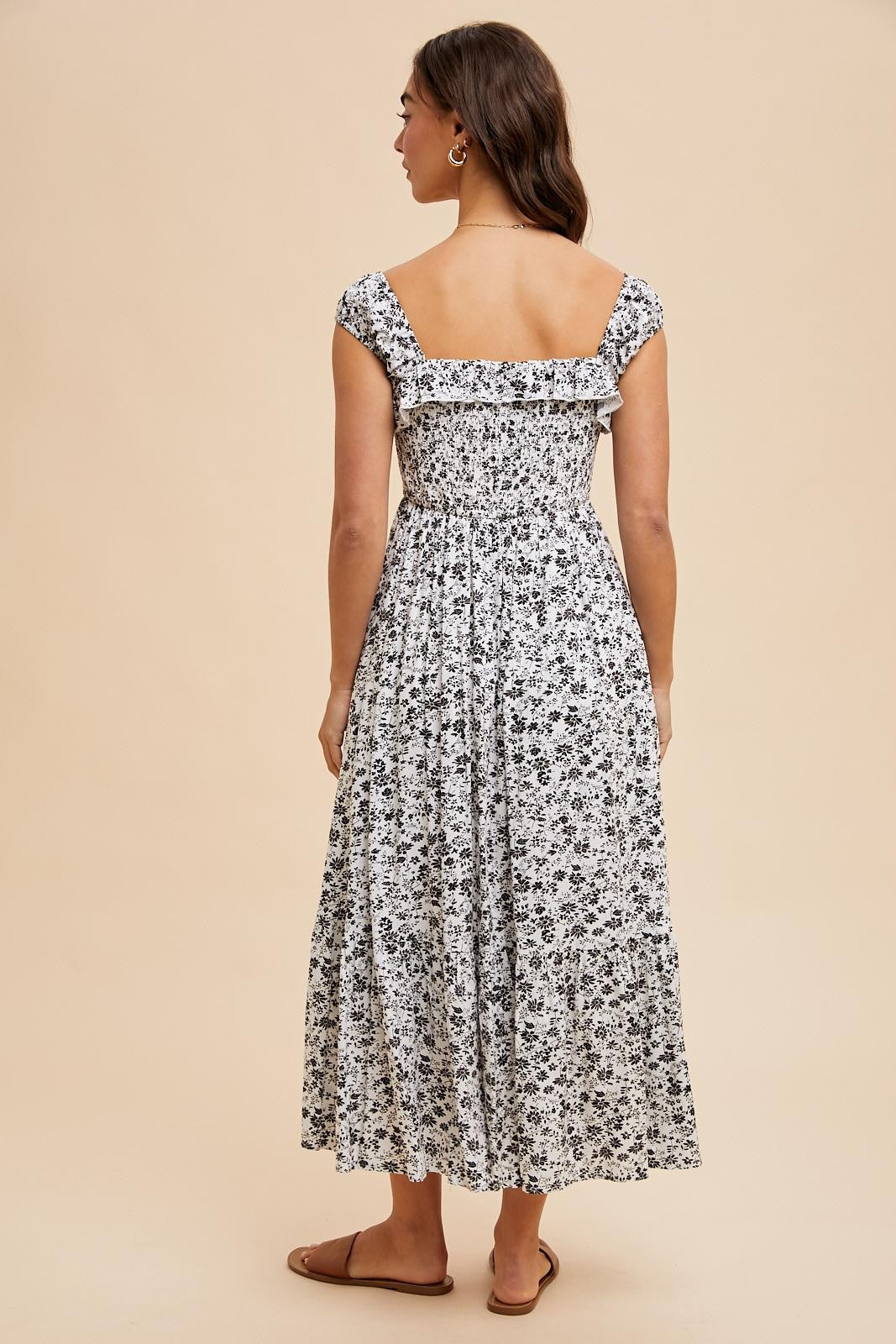 White Floral Smocked Ruffle Detail Midi Dress