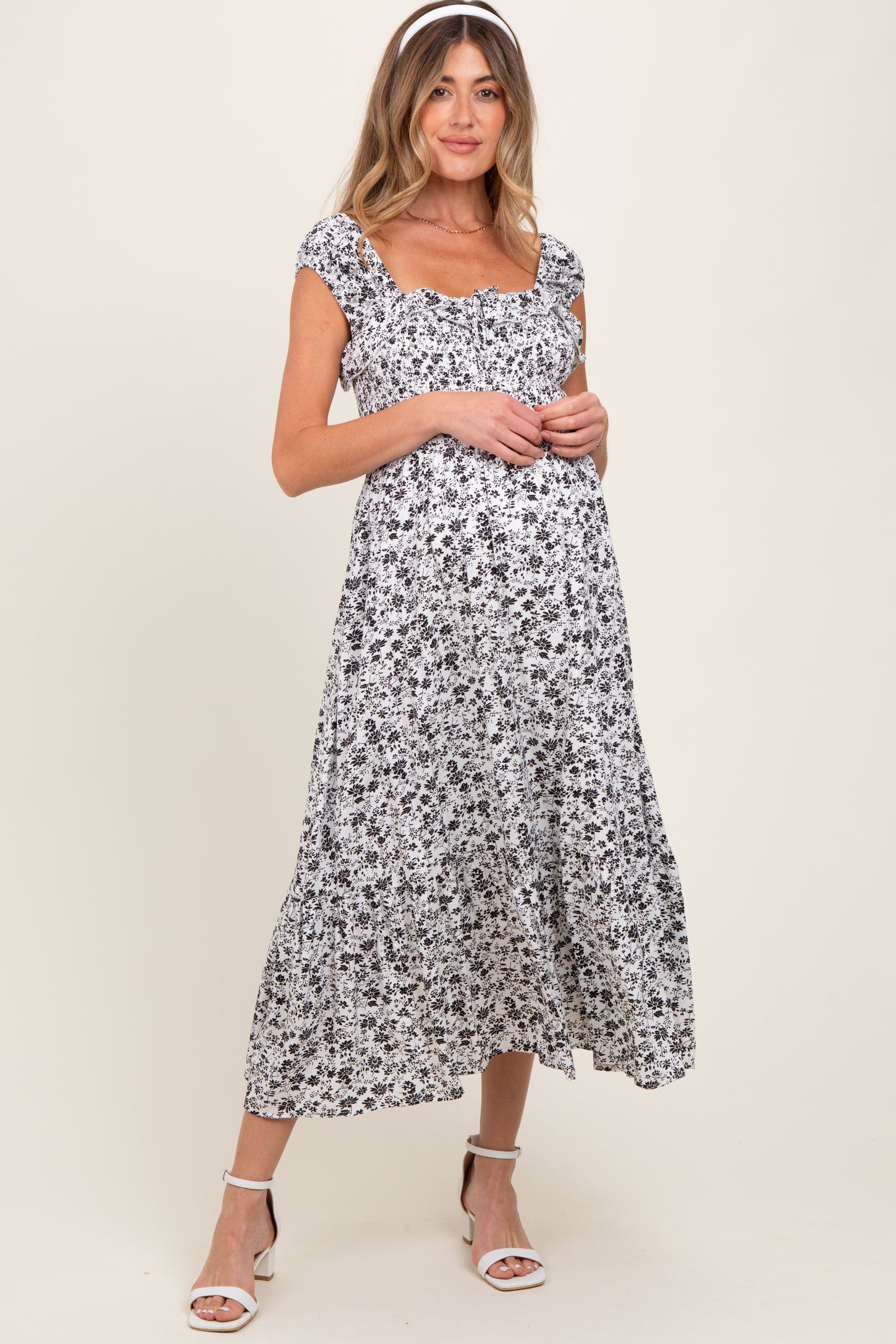 White Floral Smocked Ruffle Detail Maternity Midi Dress