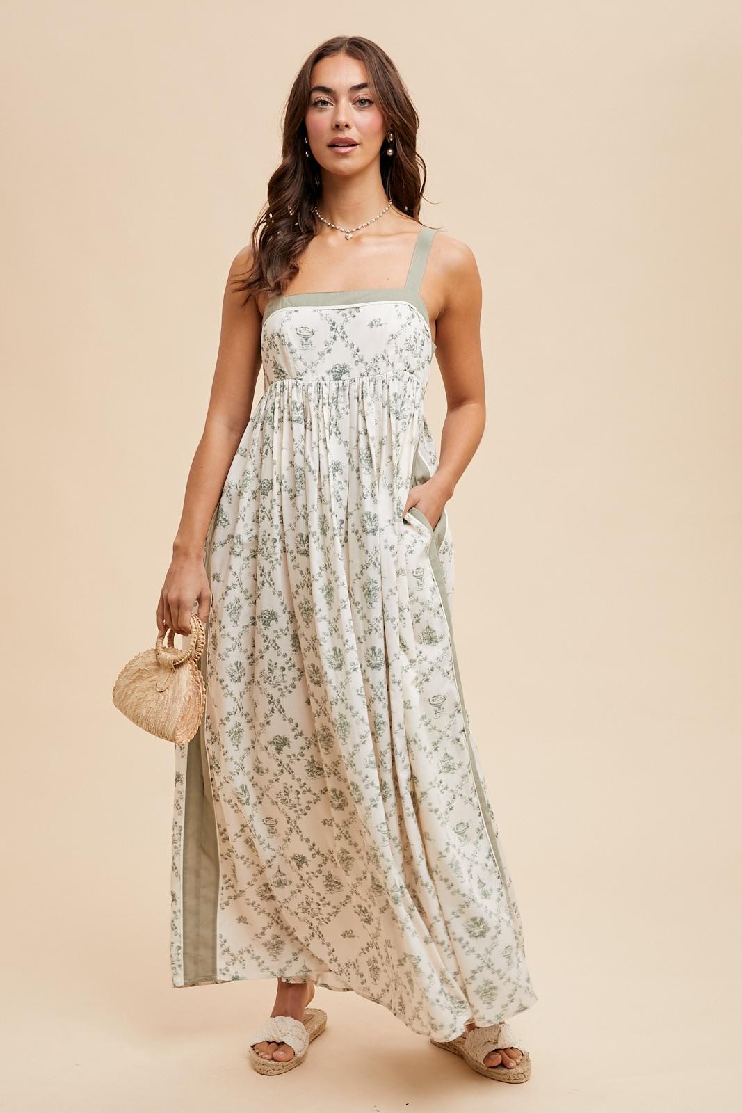 Light Olive Floral Sleeveless Side Panel Maternity Maxi Dress