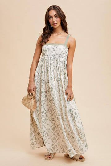 Light Olive Floral Sleeveless Side Panel Maxi Dress