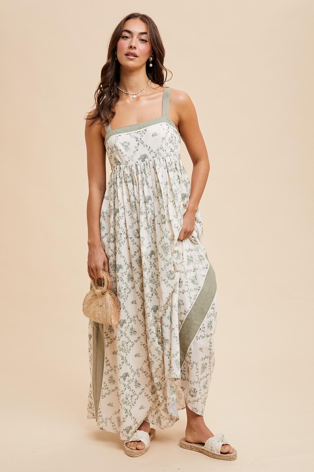 Light Olive Floral Sleeveless Side Panel Maxi Dress