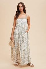 Light Olive Floral Sleeveless Side Panel Maxi Dress