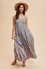 Blue Floral Scallop Detail Sleeveless Maxi Dress