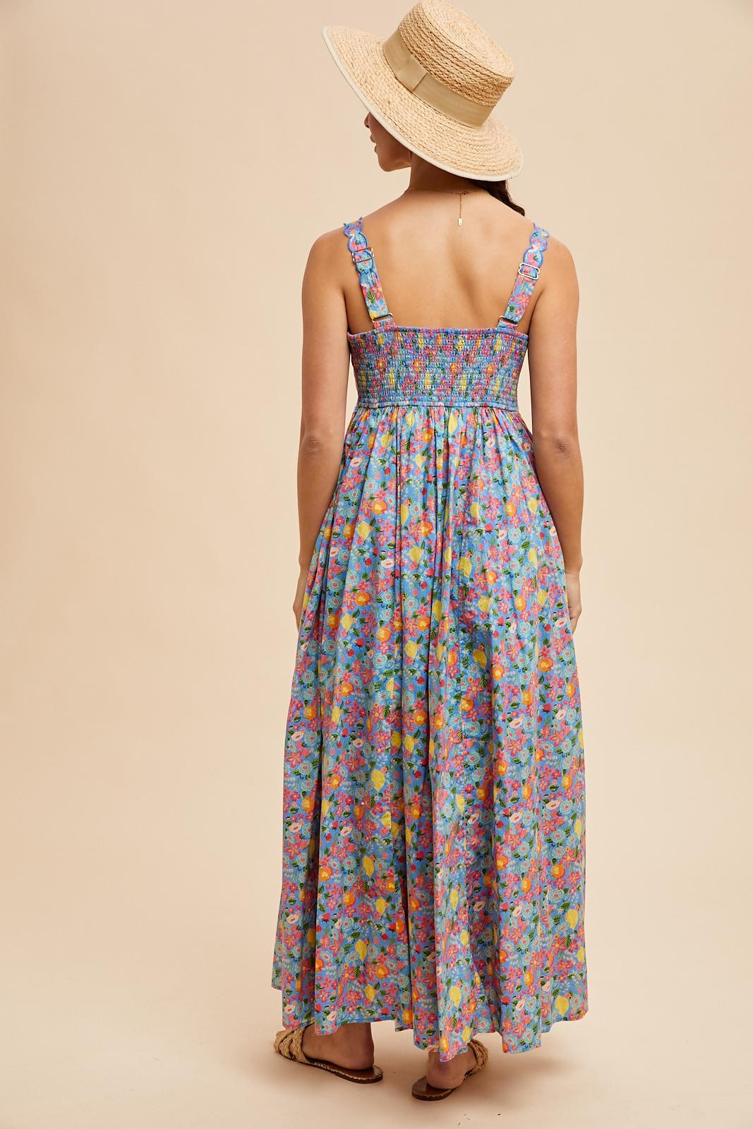 Blue Floral Scallop Detail Sleeveless Maxi Dress
