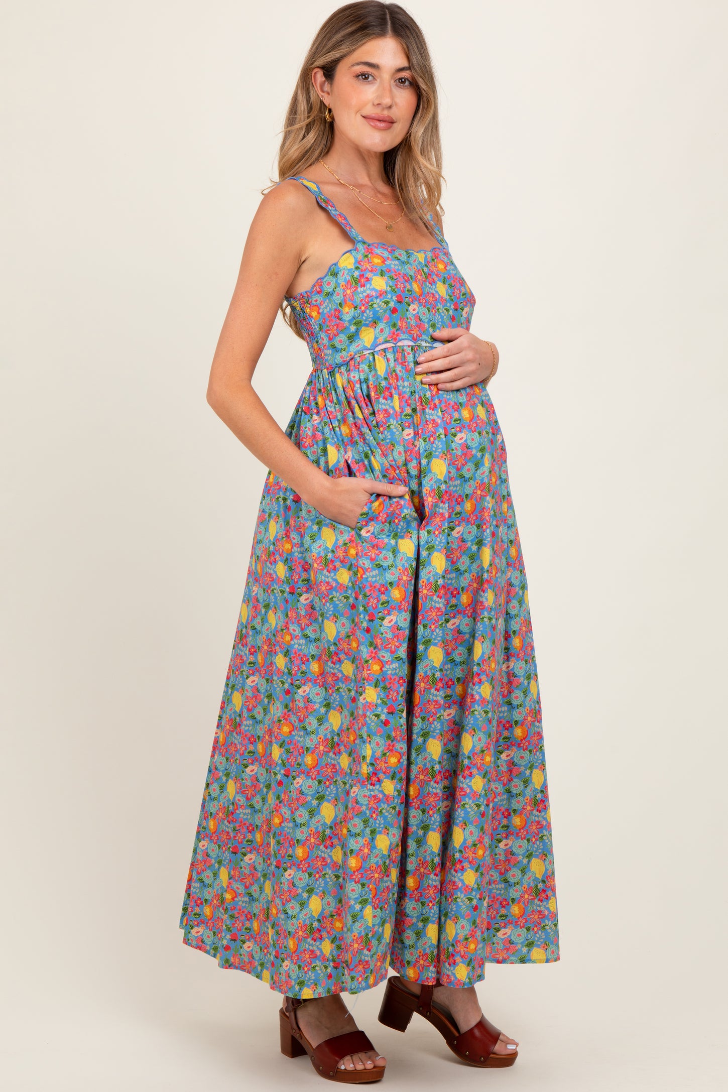 Blue Floral Scallop Detail Sleeveless Maternity Maxi Dress