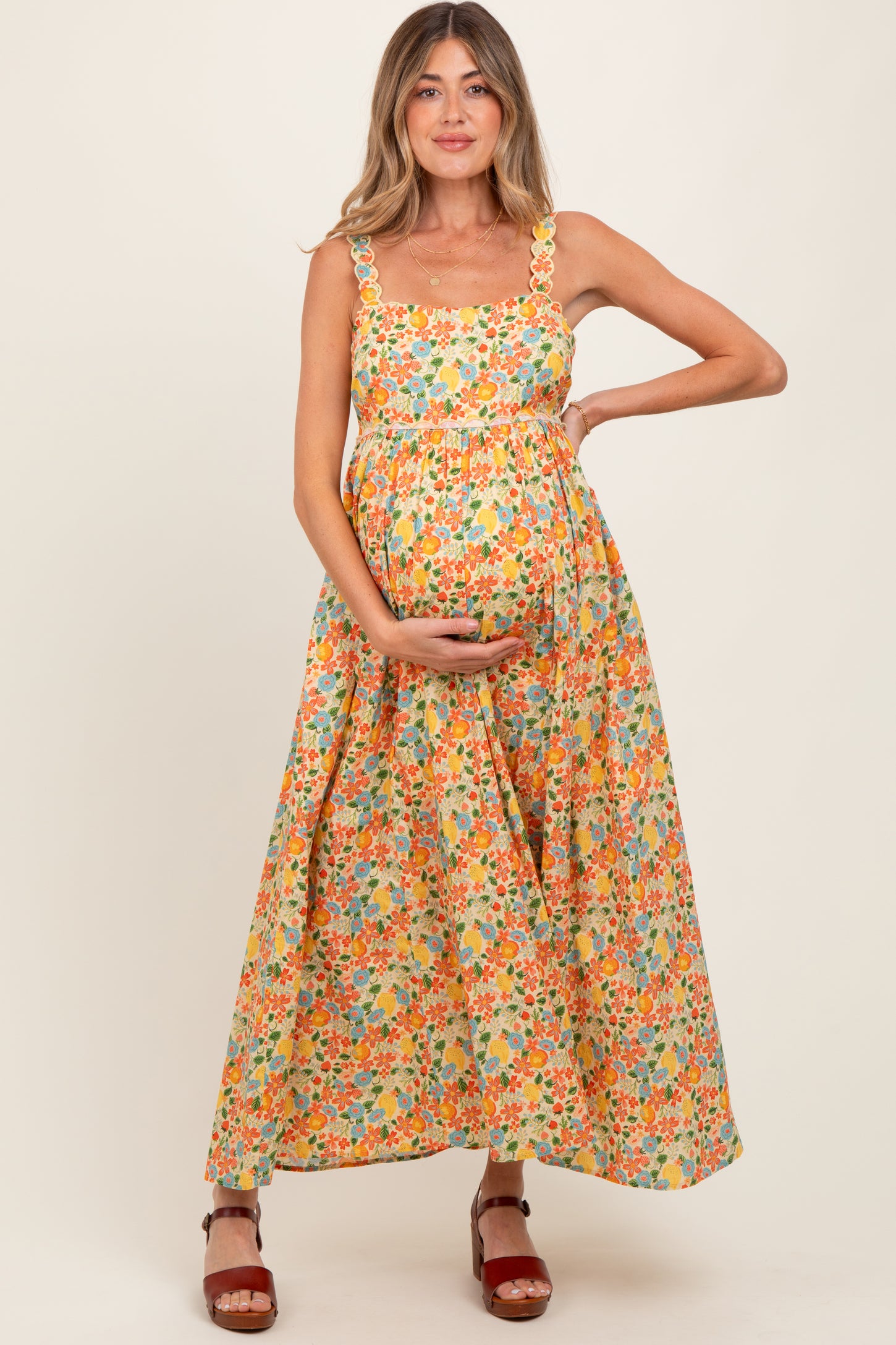 Yellow Floral Scallop Detail Sleeveless Maternity Maxi Dress