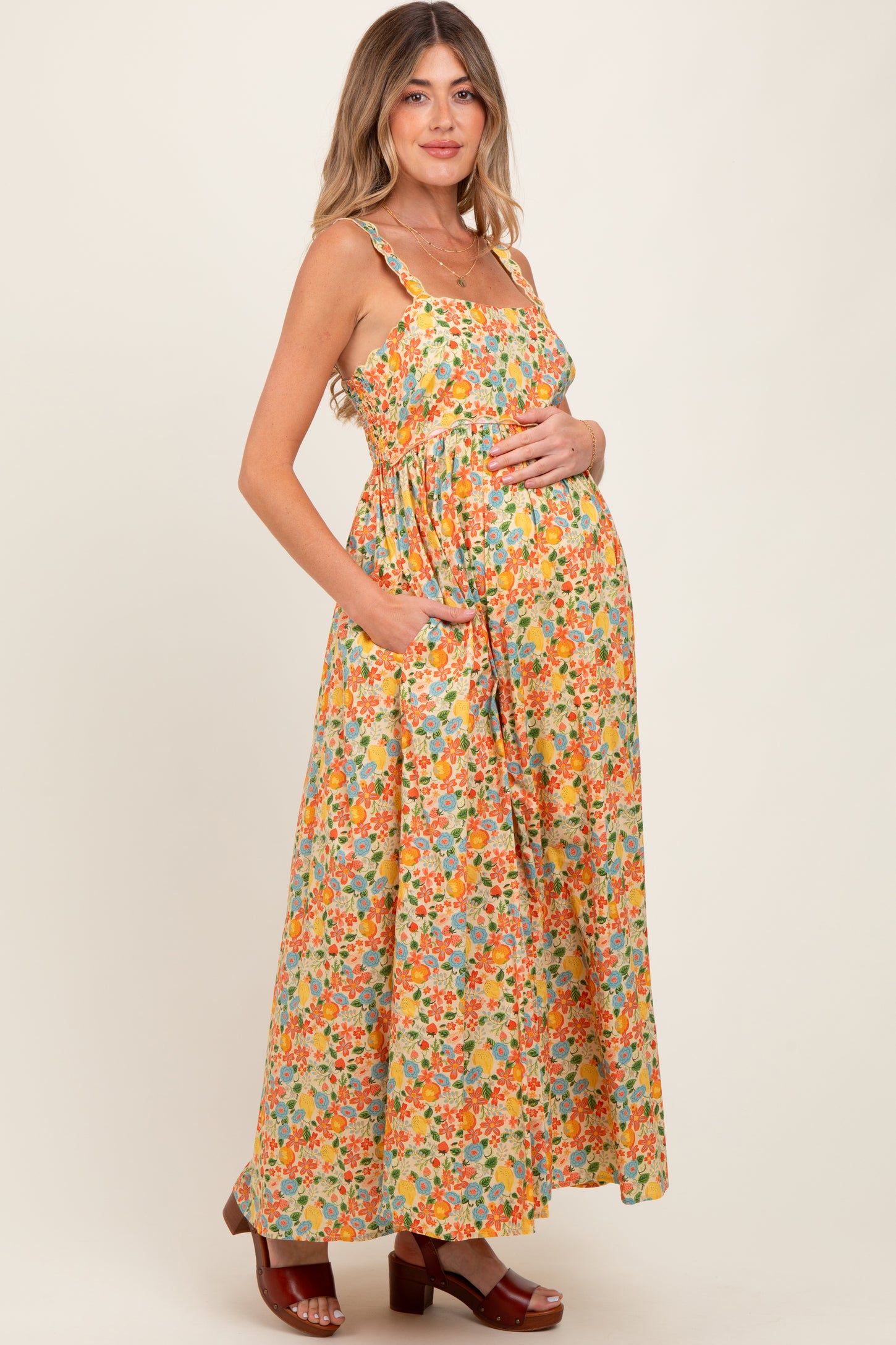 yellow and grey maternity dress Yellow Floral Scallop Detail Sleeveless Maternity Maxi Dress PinkBlush