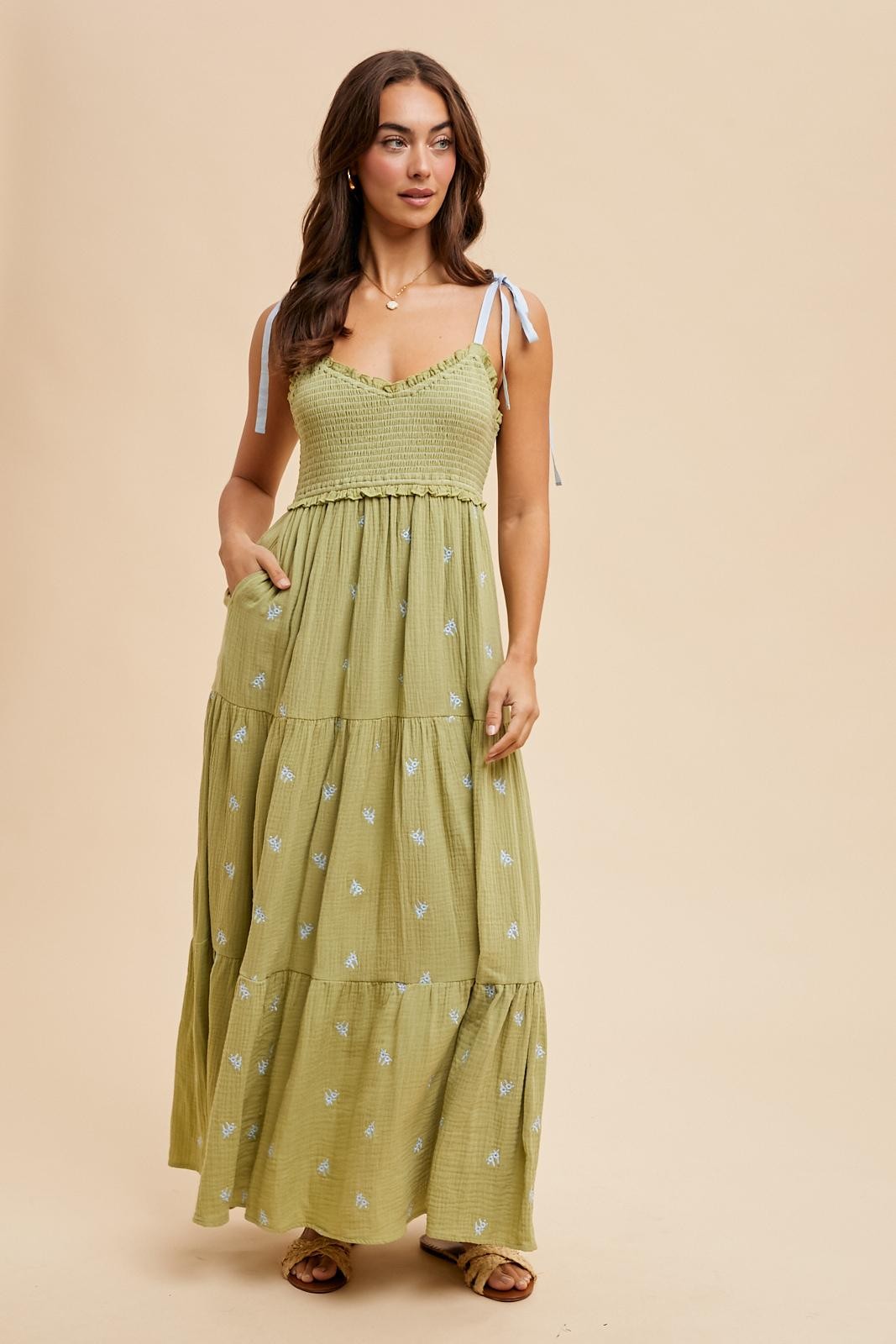 Light Olive Embroidered Smocked Shoulder Tie Maxi Dress PinkBlush Light Olive Embroidered Smocked Shoulder Tie Maxi Dress PinkBlush