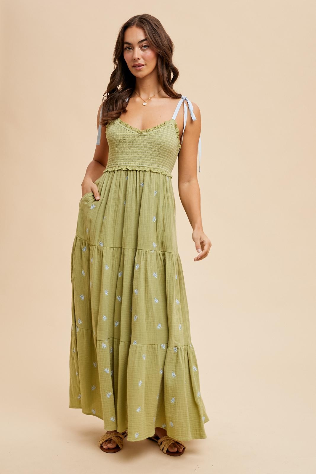 smocked tie front maxi dress Light Olive Embroidered Shoulder – PinkBlush Length 55.51 in Color:1074 Starfish Blues #1 Indianwear Bridalwear Asianwear Designerwear Pakistaniwear in BRENT PARK La Femme A-Line Short