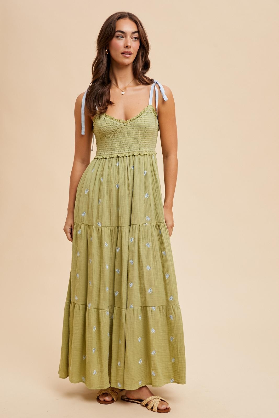 smocked tie front maxi dress Light Olive Embroidered Shoulder – PinkBlush Nerina dress - L price checked Length 55.51 in Size:2/S