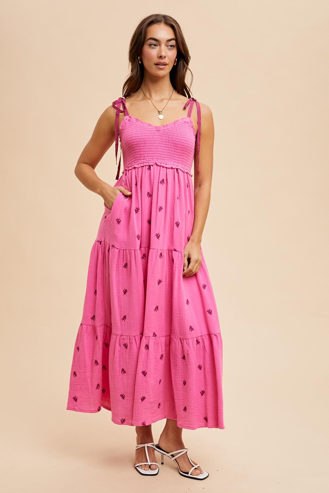 Pink Embroidered Smocked Shoulder Tie Maxi Dress