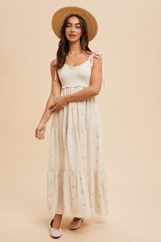 Cream Embroidered Smocked Shoulder Tie Maxi Dress Cream Embroidered Smocked Shoulder Tie Maxi Dress