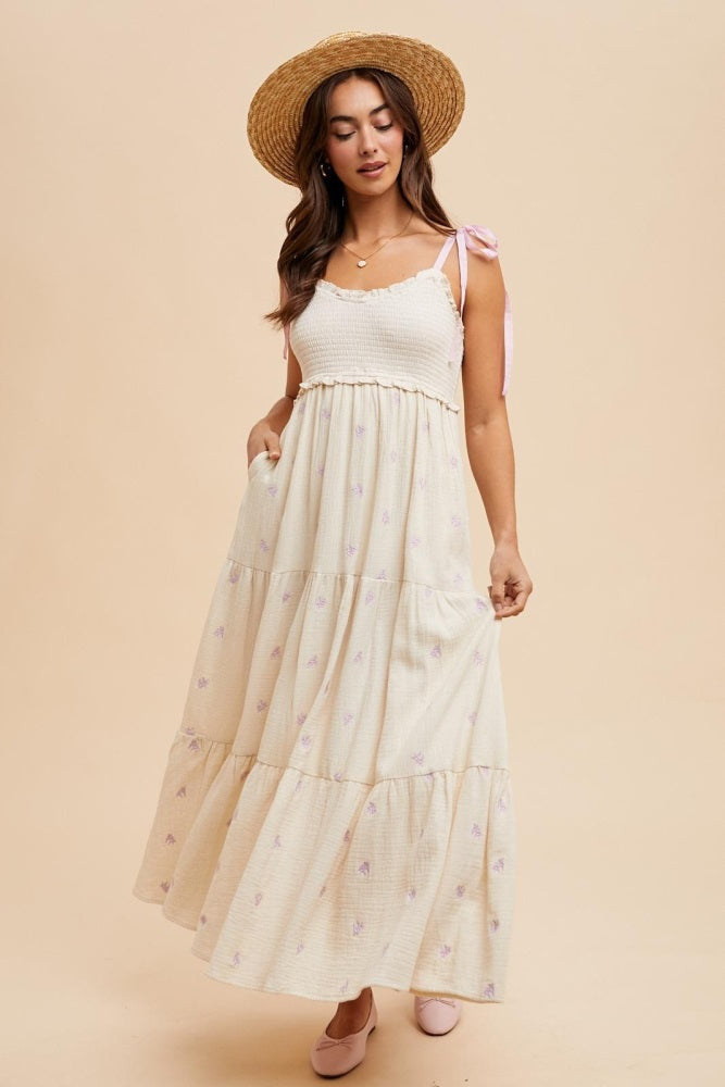 Cream Embroidered Smocked Shoulder Tie Maxi Dress