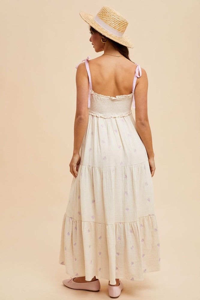 Cream Embroidered Smocked Shoulder Tie Maxi Dress