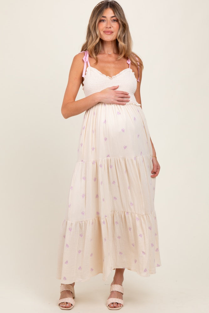 Cream Embroidered Smocked Shoulder Tie Maternity Maxi Dress Cream Embroidered Smocked Shoulder Tie Maternity Maxi Dress