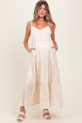 Cream Embroidered Smocked Shoulder Tie Maternity Maxi Dress