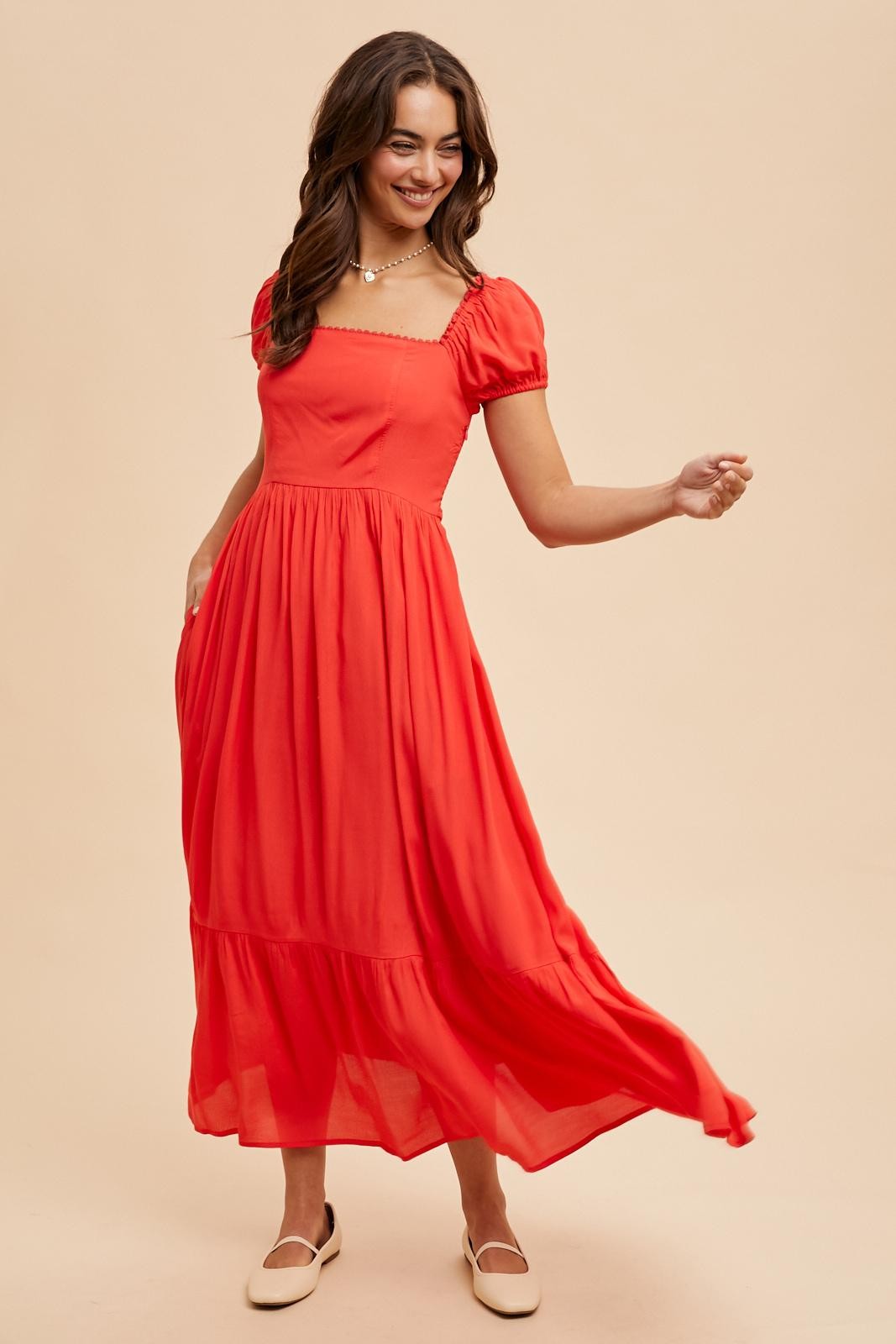 Red Ruffle Detail Square Neck Maxi Dress