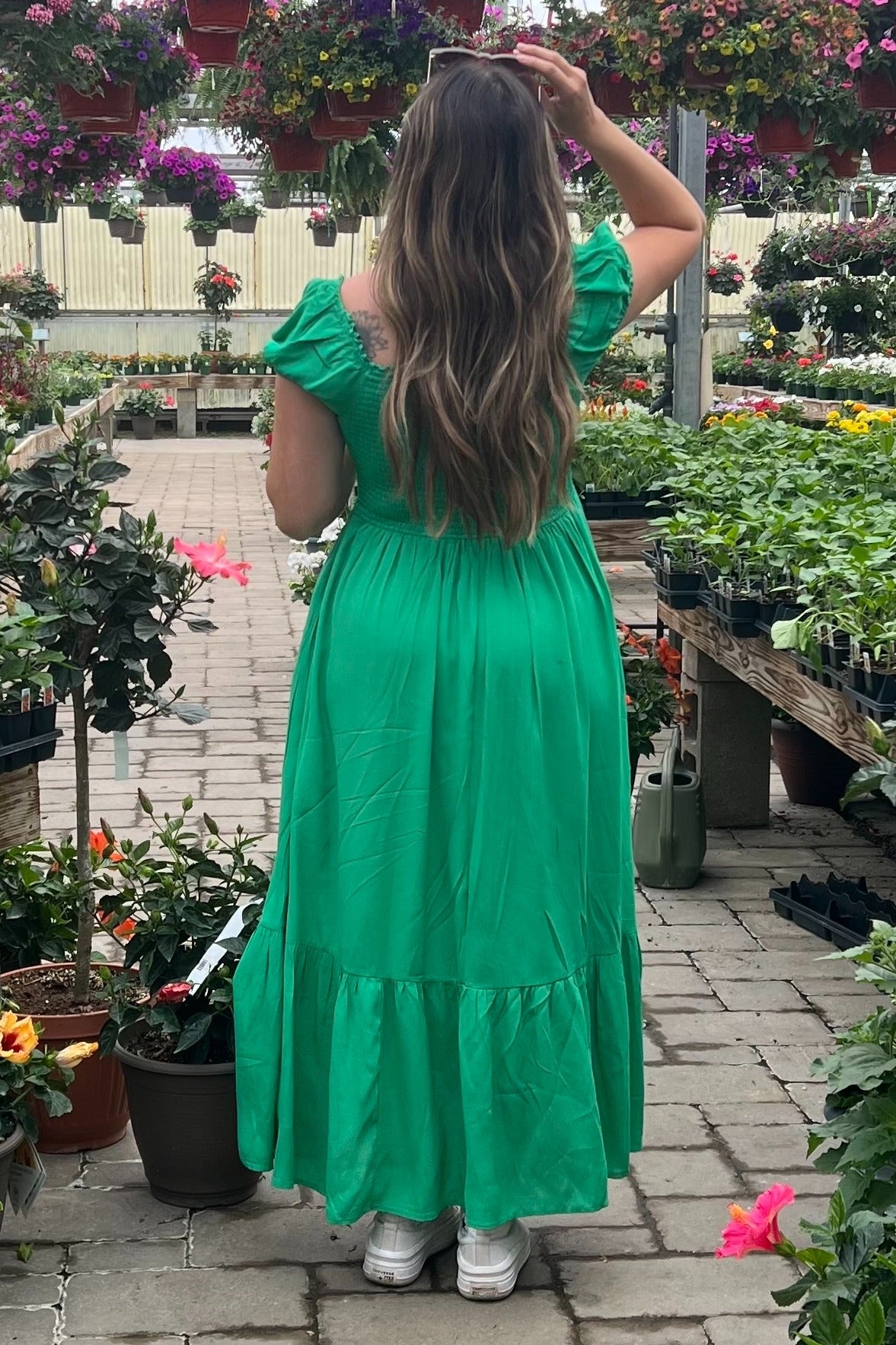 Green Ruffle Detail Square Neck Maxi Dress