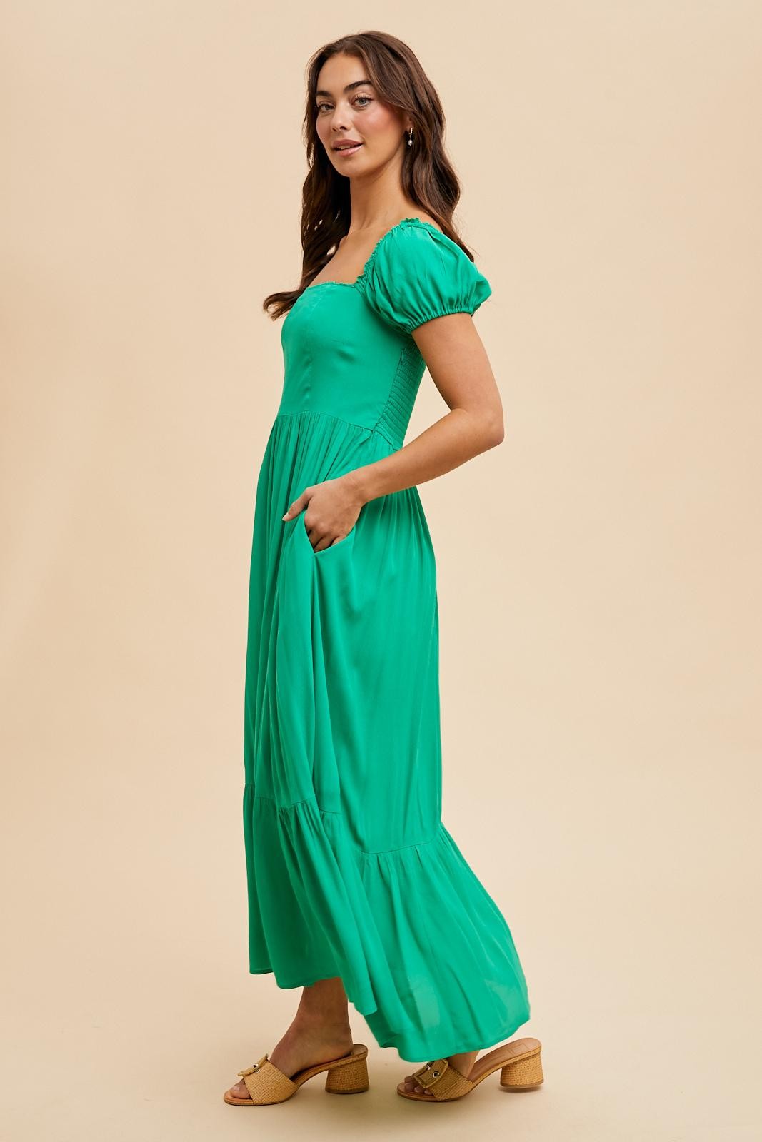 Green Ruffle Detail Square Neck Maxi Dress