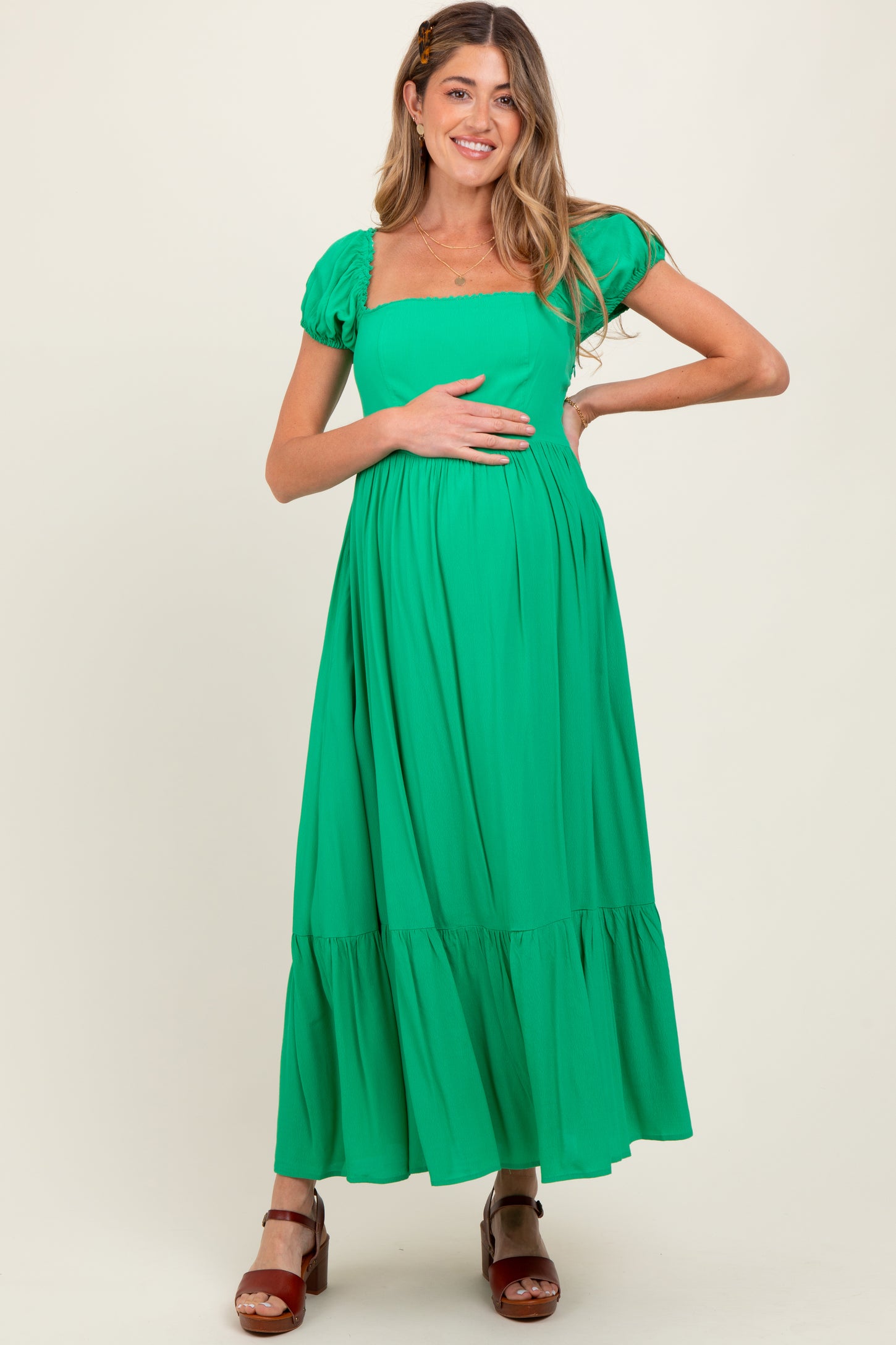 Green Ruffle Detail Square Neck Maternity Maxi Dress PinkBlush Green Ruffle Detail Square Neck Maternity Maxi Dress PinkBlush