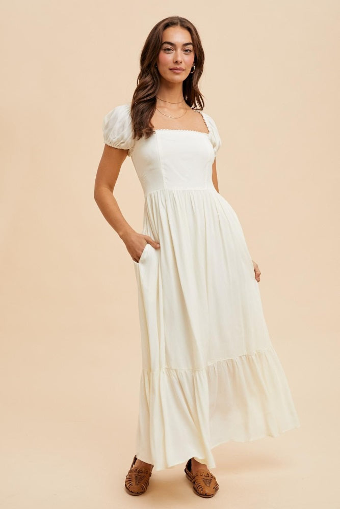 Ivory Ruffle Detail Square Neck Maxi Dress