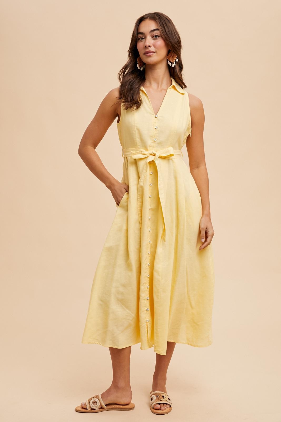 Yellow Sleeveless Linen Blend Midi Shirt Dress