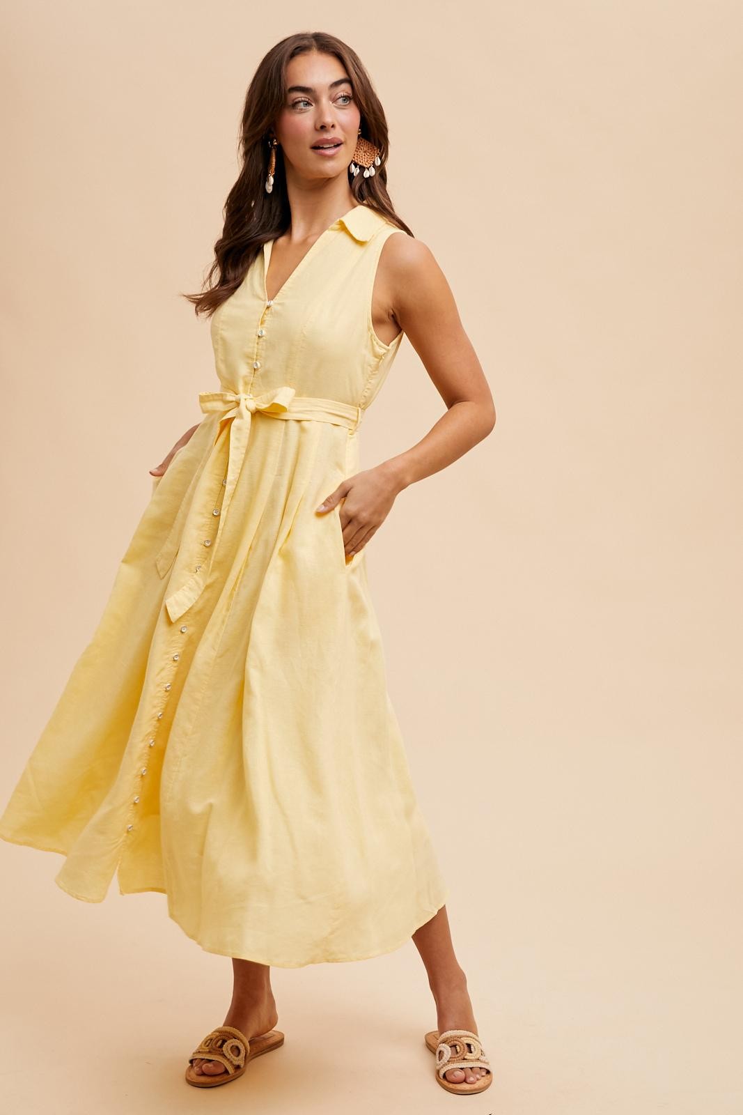 Yellow Sleeveless Linen Blend Midi Shirt Dress – PinkBlush