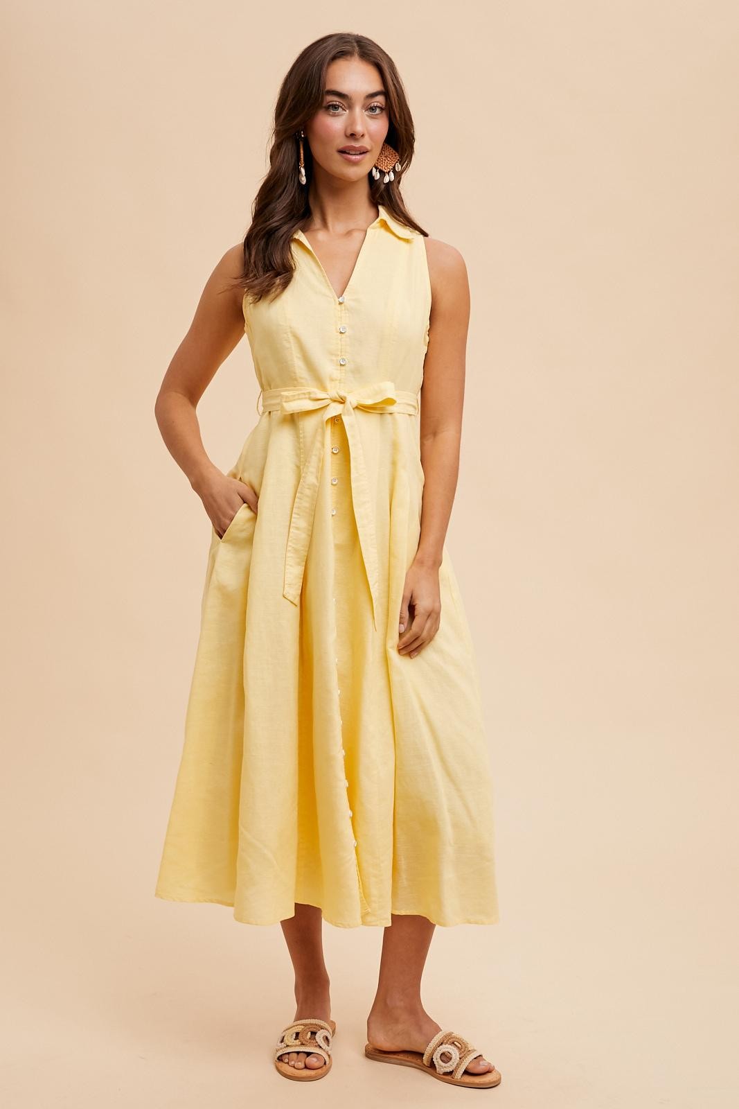 Yellow Sleeveless Linen Blend Midi Shirt Dress – PinkBlush