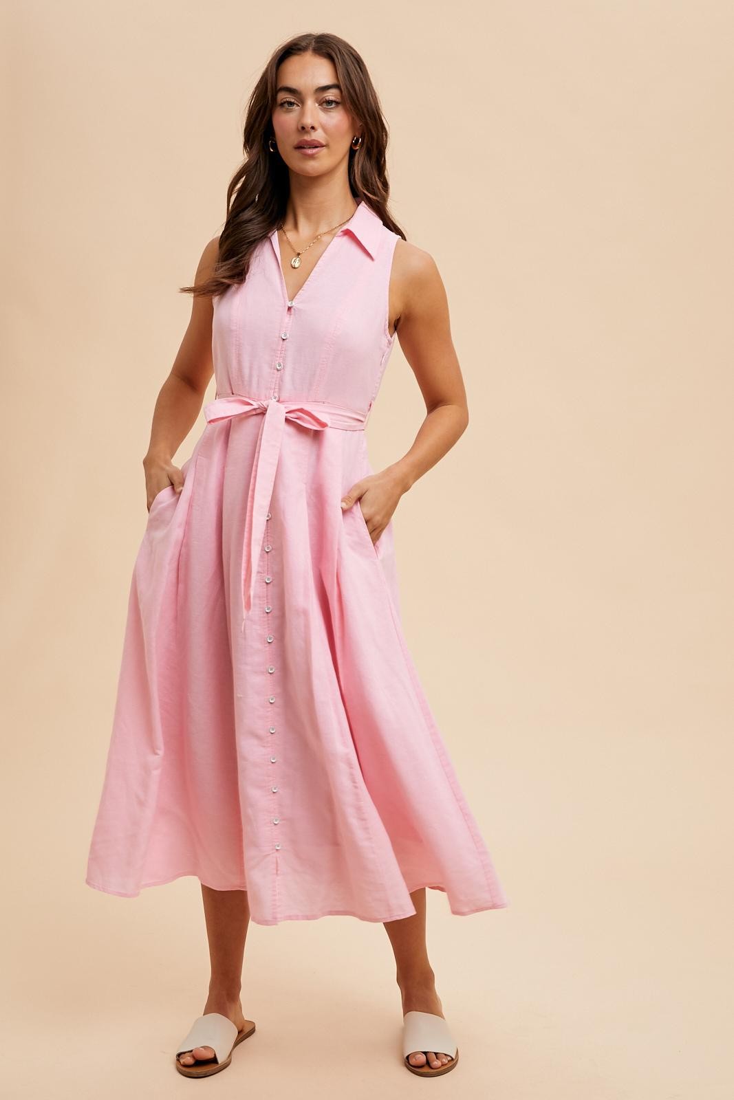 Light Pink Sleeveless Linen Blend Midi Shirt Dress PinkBlush Light Pink Sleeveless Linen Blend Midi Shirt Dress PinkBlush