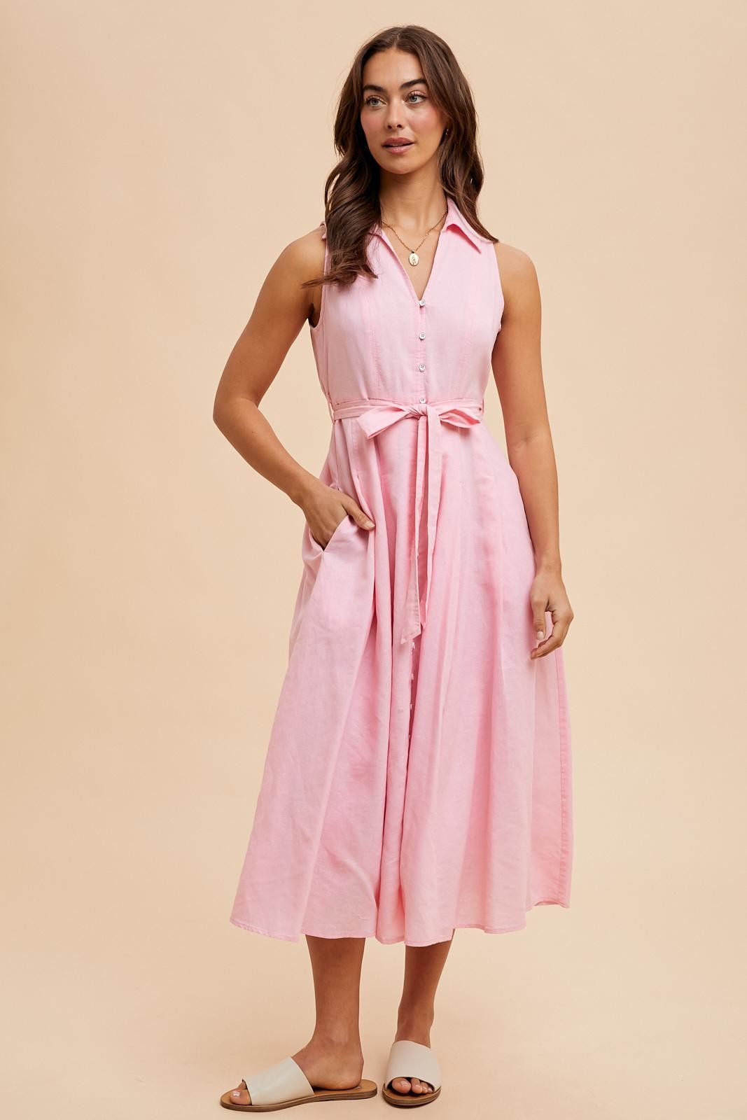 Light Pink Sleeveless Linen Blend Midi Shirt Dress – PinkBlush