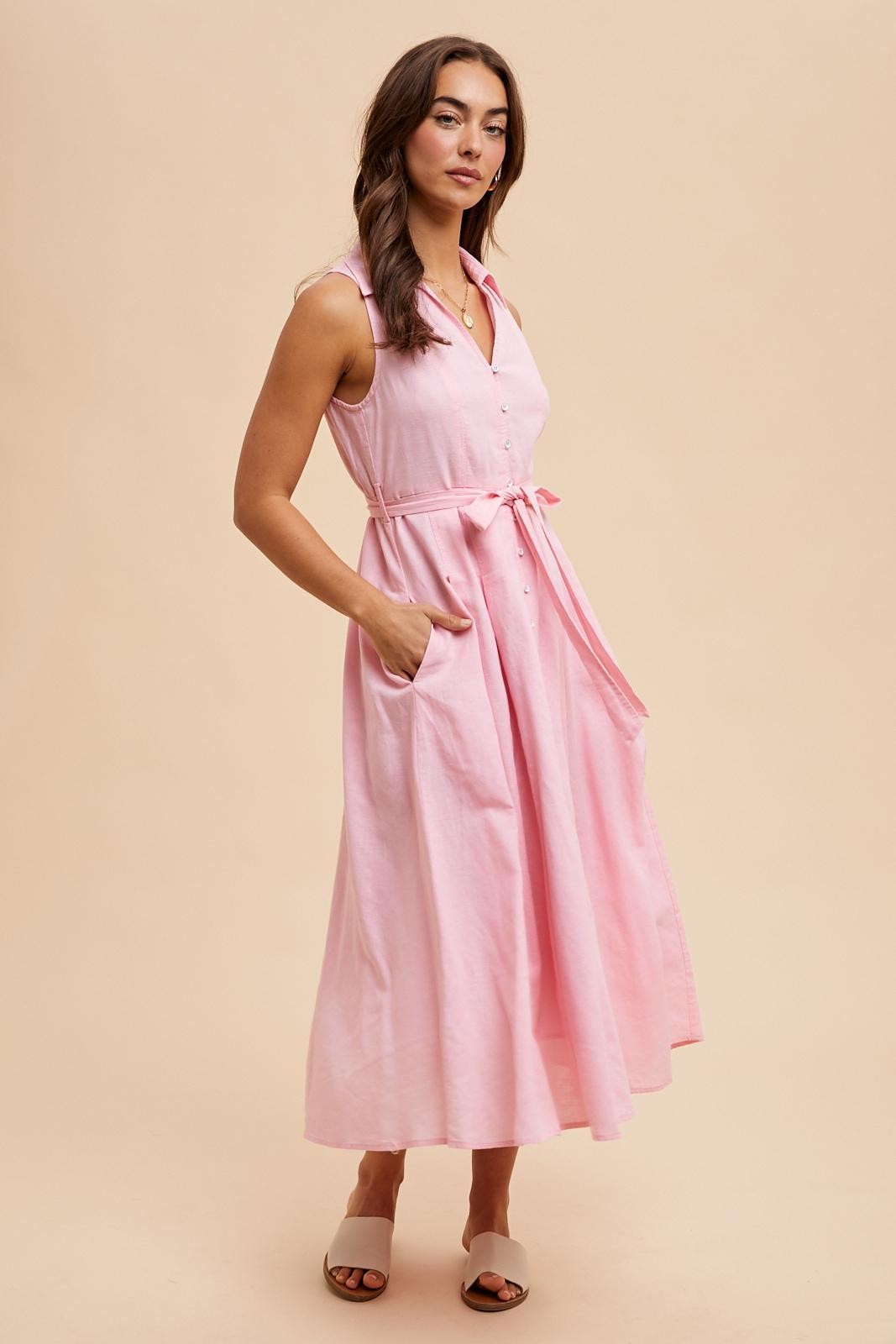 Light Pink Sleeveless Linen Blend Midi Shirt Dress