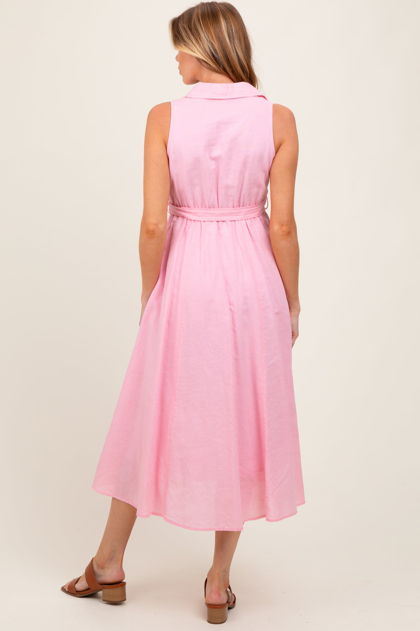 Light Pink Sleeveless Linen Blend Maternity Midi Shirt Dress