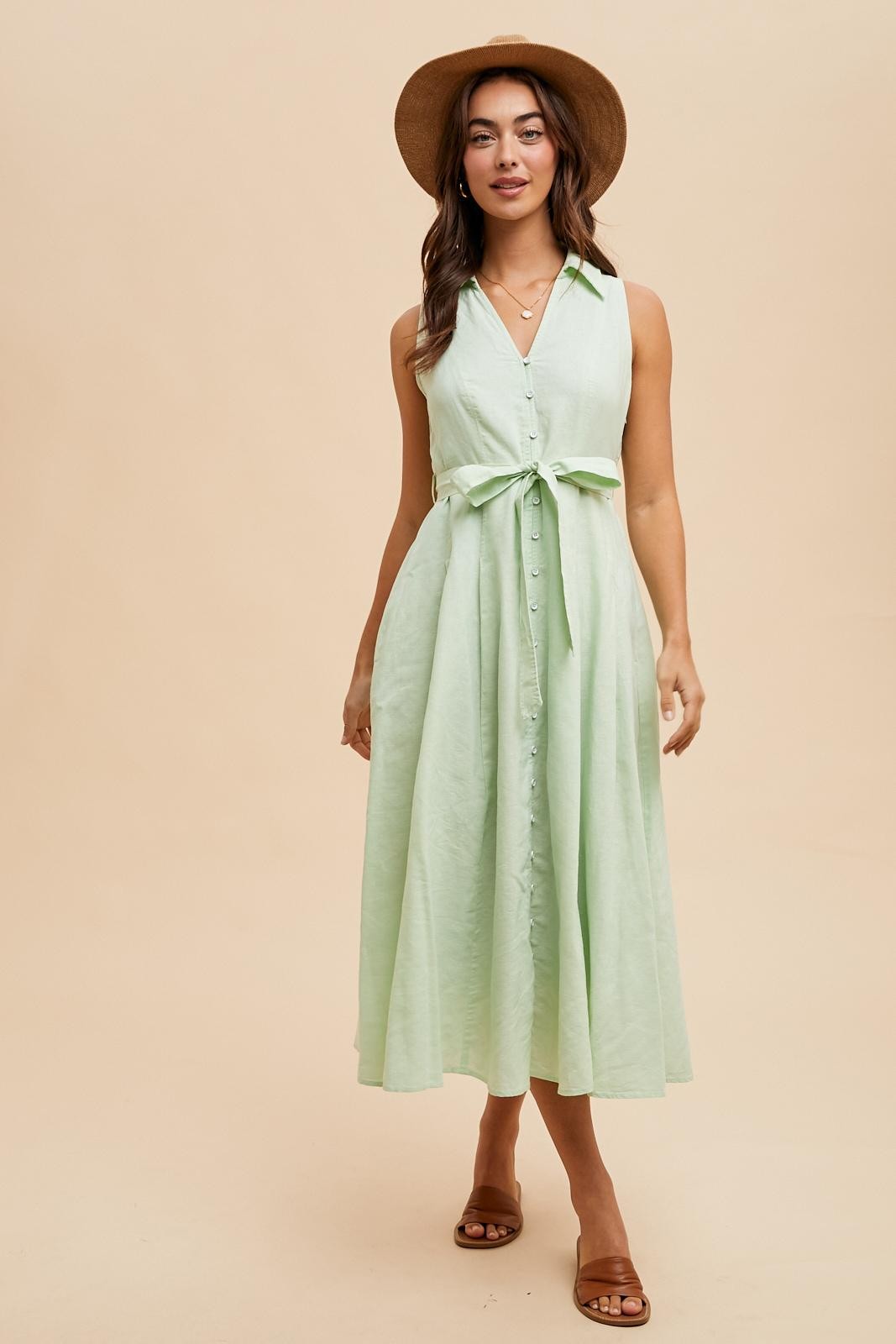 Mint Green Sleeveless Linen Blend Midi Shirt Dress