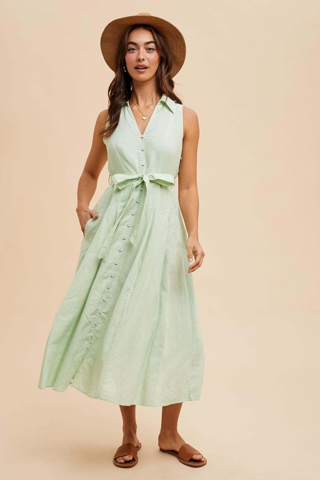 Mint Green Sleeveless Linen Blend Midi Shirt Dress PinkBlush Mint Green Sleeveless Linen Blend Midi Shirt Dress PinkBlush