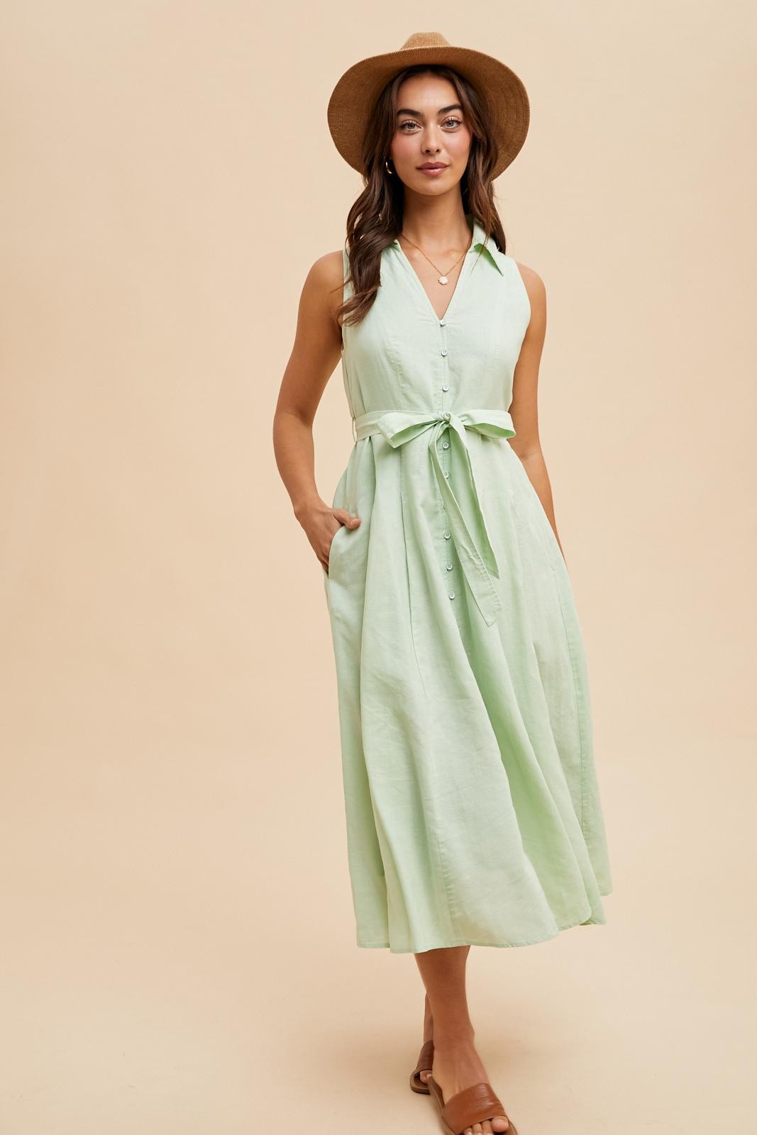 Mint Green Sleeveless Linen Blend Midi Shirt Dress PinkBlush Mint Green Sleeveless Linen Blend Midi Shirt Dress PinkBlush