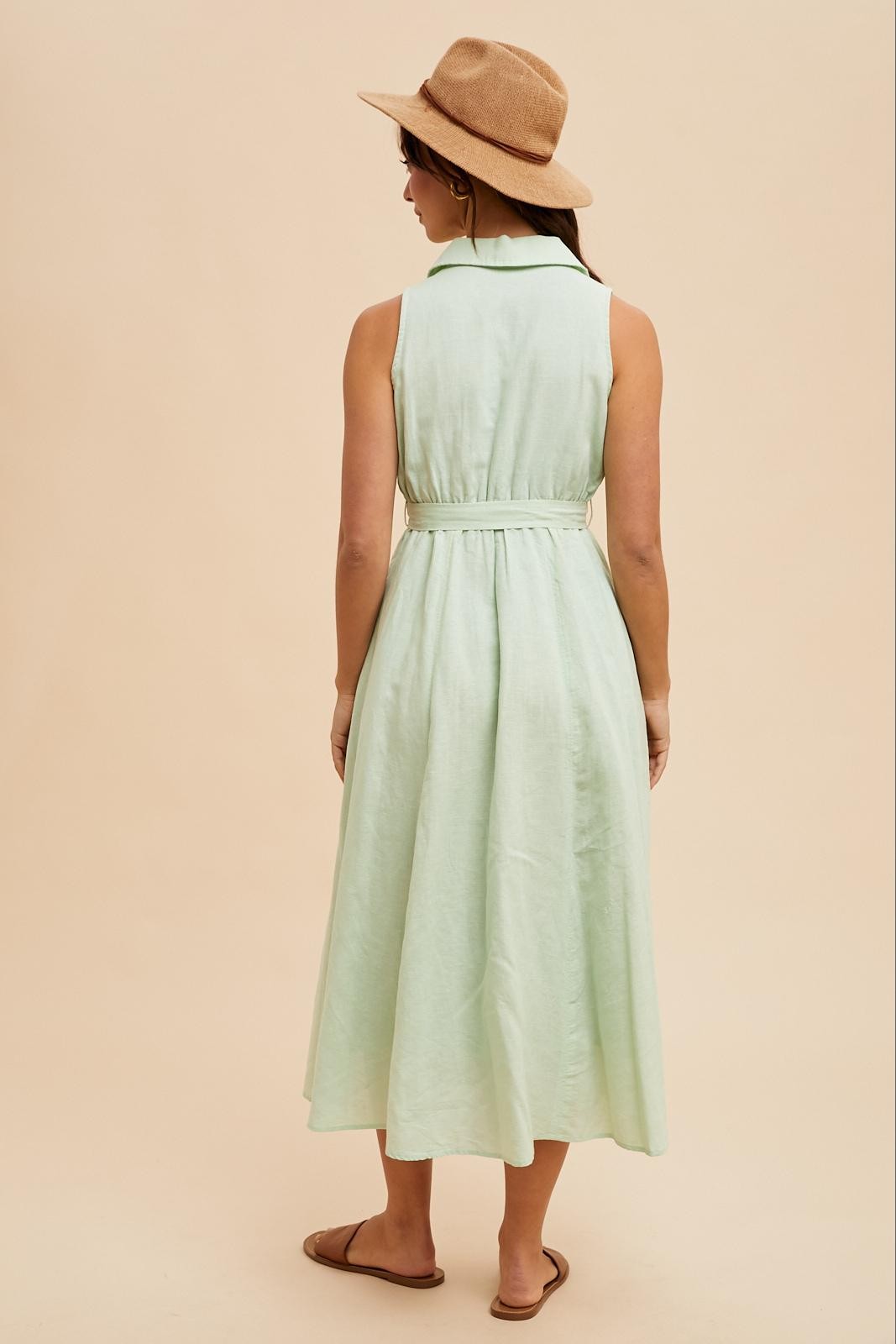 Mint Green Sleeveless Linen Blend Midi Shirt Dress