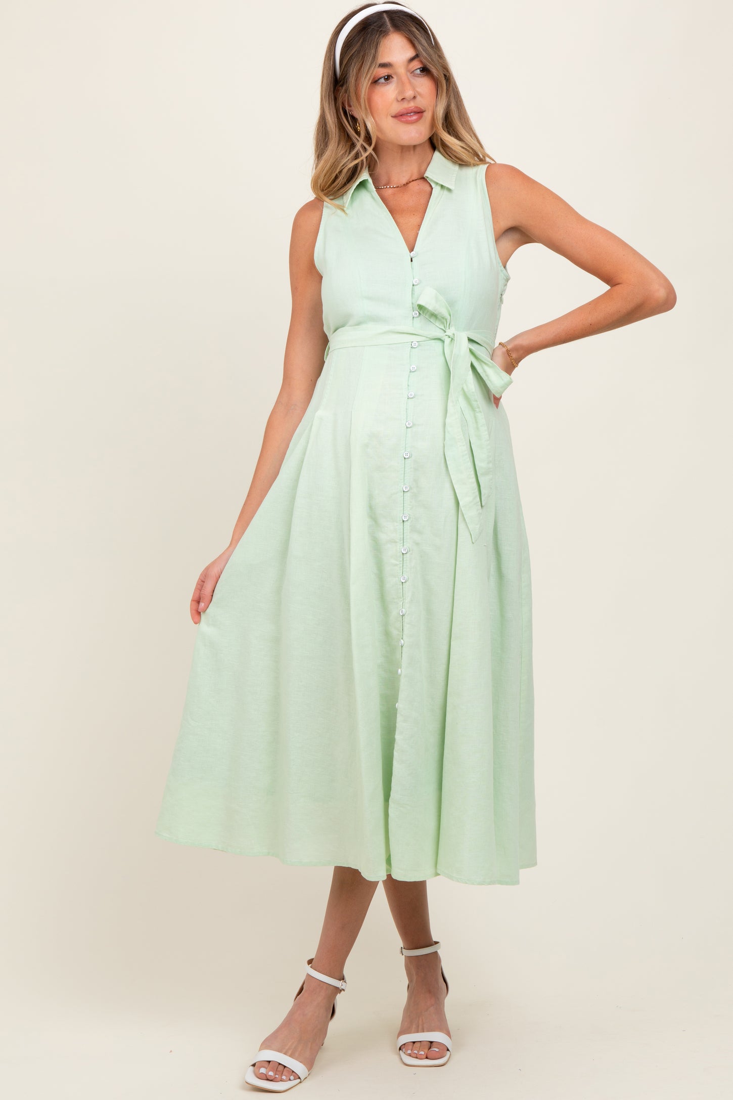 Mint Green Sleeveless Linen Blend Maternity Midi Shirt Dress PinkBlush Mint Green Sleeveless Linen Blend Maternity Midi Shirt Dress PinkBlush
